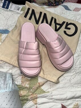 Ganni Light Pink Quilted Platform Slides